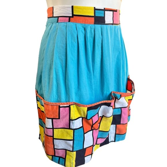 MCM Color Block Cotton Half Apron 4 Large Pockets VTG Turquoise Multicolor Gift - Picture 2 of 8